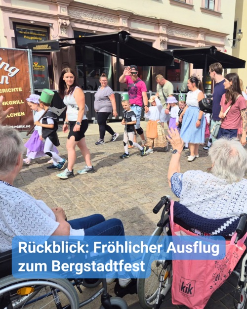 Personen im Rollstuhl beobachten einen Festumzug mit Kindern. Text: 'Rückblick: Fröhlicher Ausflug zum Bergstadtfest'.