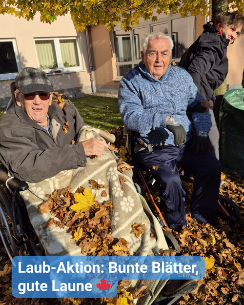 Senioren im Rollstuhl helfen im Garten, die Herbstblätter einzusammeln. Bildbeschriftung: “Laub-Aktion: Bunte Blätter, gute Laune”